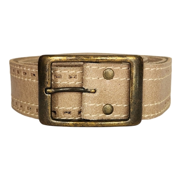 Mango Tan Leather Decoratove Stiching Belt Aged Gold Tone Buckle Made Spain 44" - Picture 1 of 16